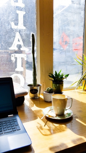 digital nomad remote worker working in a cafe in Montreal Maison Vieux - Montreal